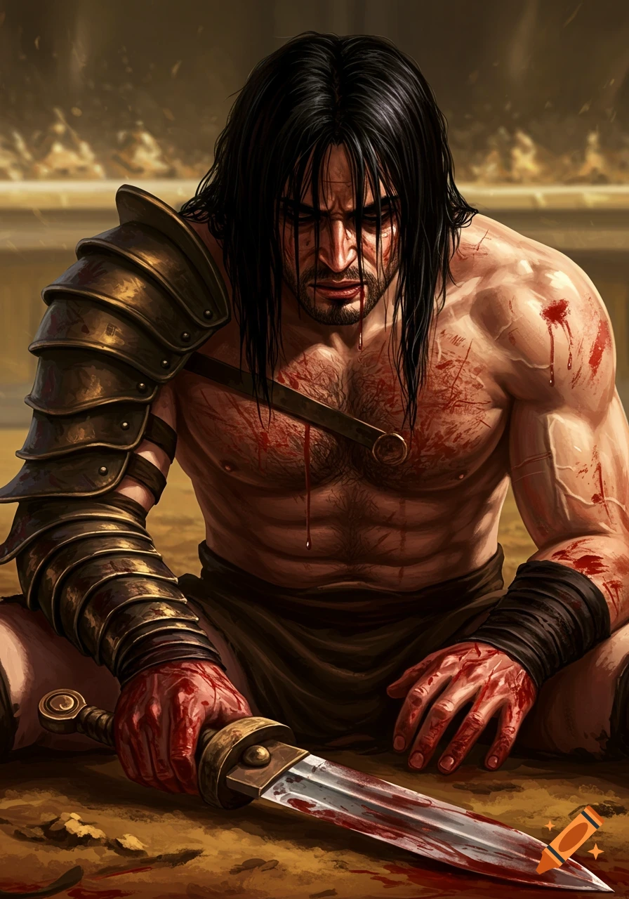 A wounded gladiator sits in the arena sand, sword in hand, covered in blood, stylized digital art.