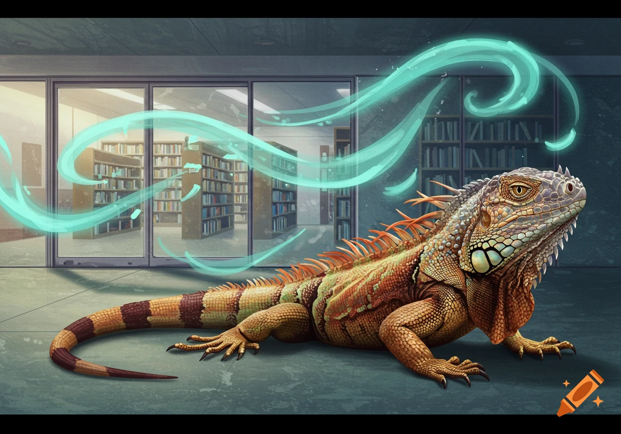 A lizard lies next to glass library doors with cool wind blowing around it.