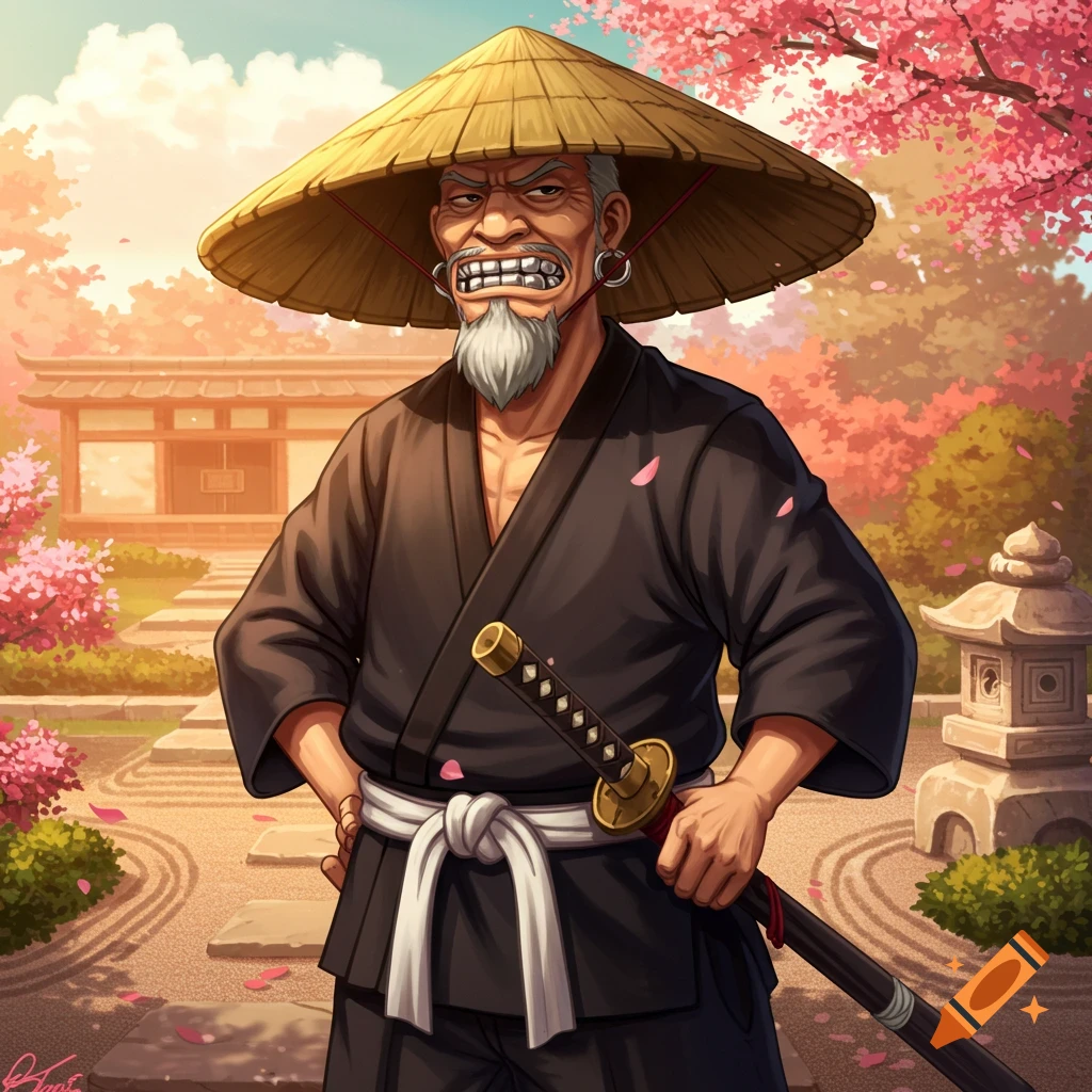 Anime illustration of a sensei with grillz and a straw hat in a cherry blossom garden.