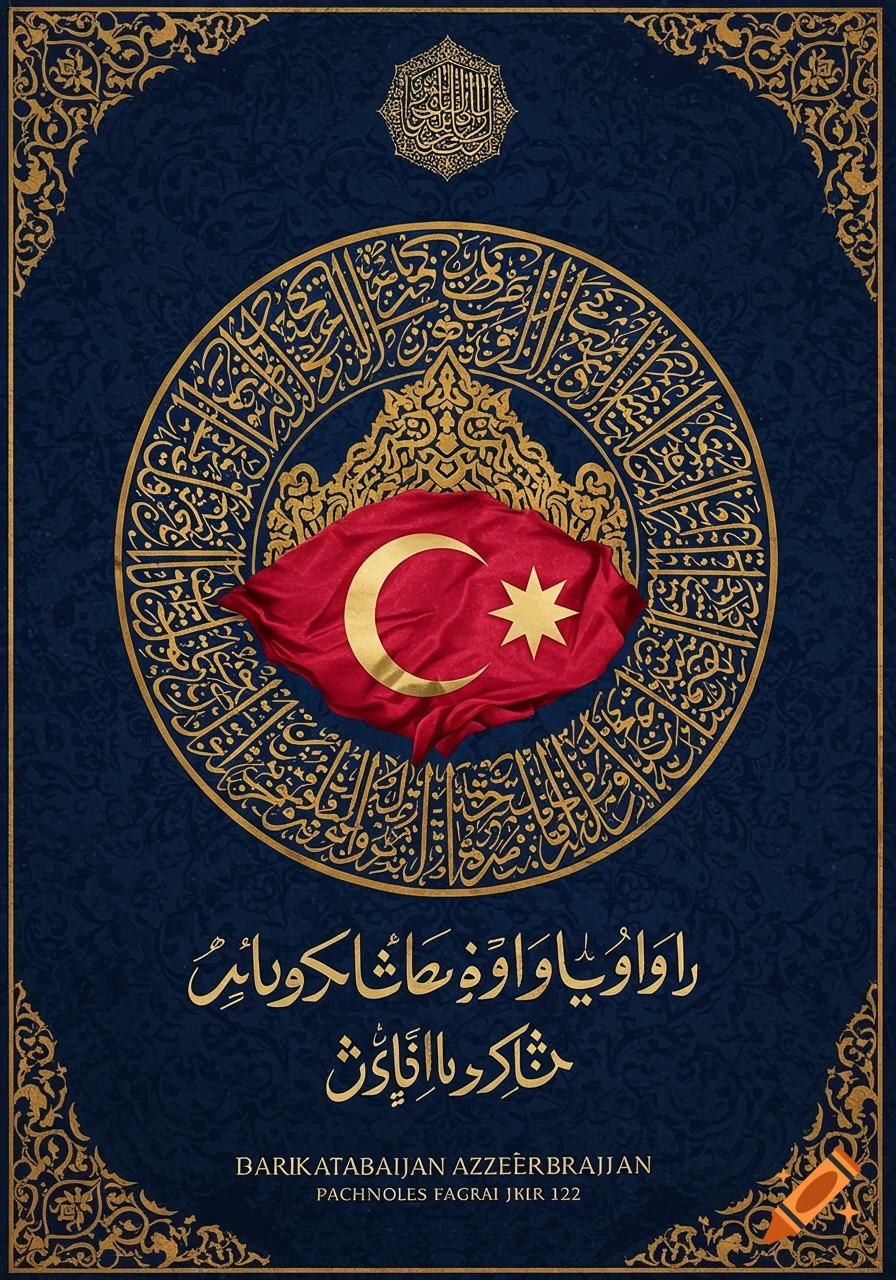 Decorative panel with gold Islamic calligraphy circle, Turkish flag, and ornate gold borders on a dark blue background.