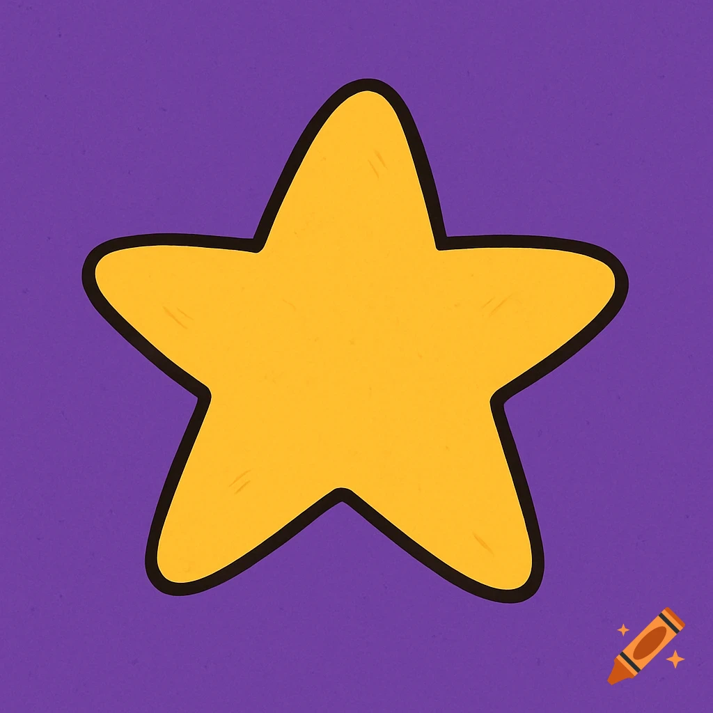 Curvy yellow star with black outline on purple background, animated drawing style.