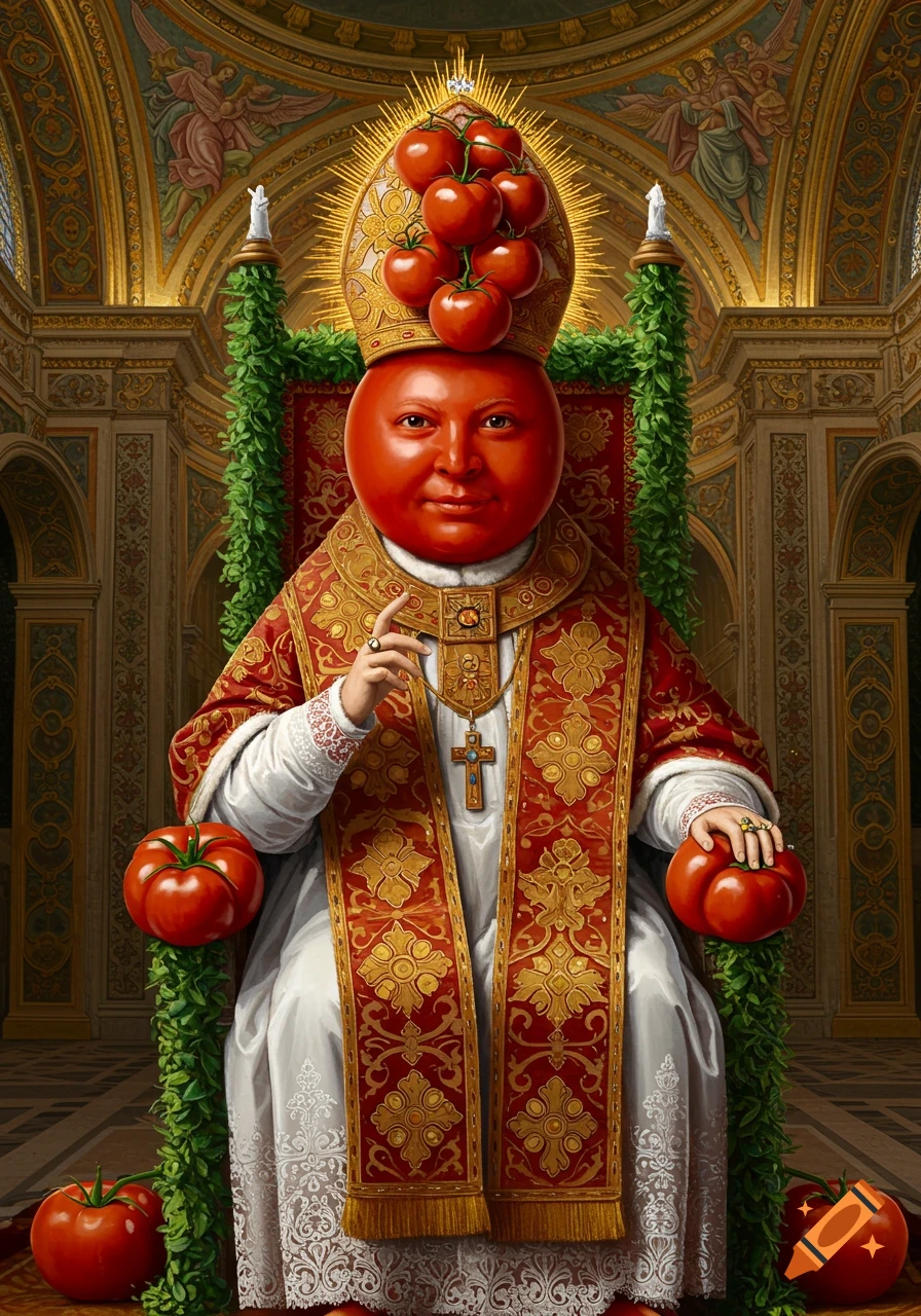 A surreal painting of a figure with a large tomato for a head, wearing papal robes and sitting on a throne in a church.