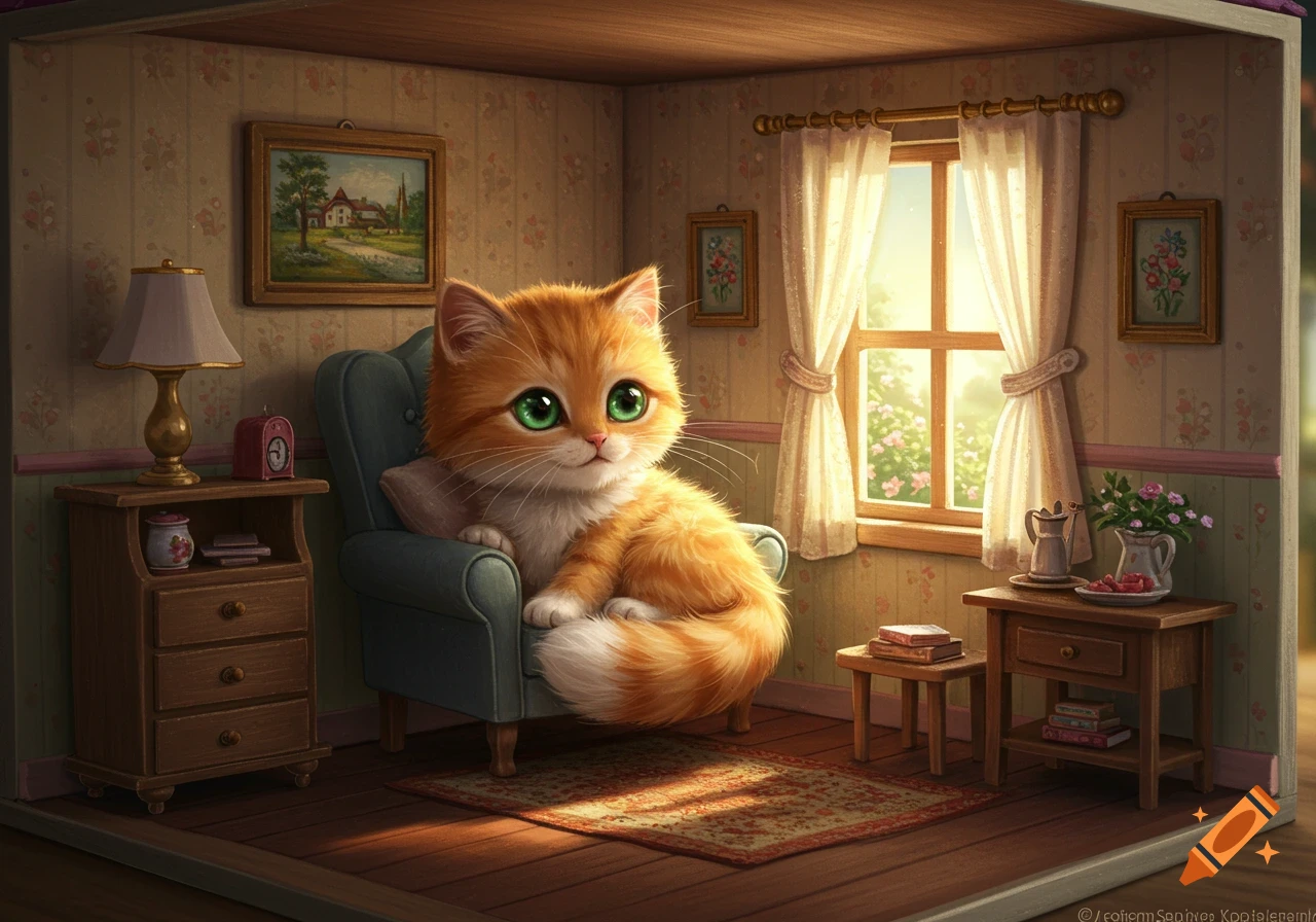 Cute fluffy orange cat sits on an armchair in a dollhouse room.