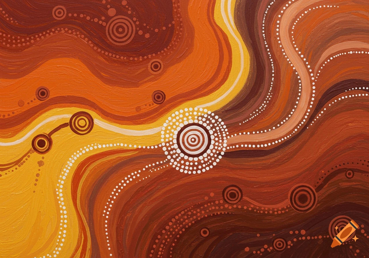Abstract painting in Aboriginal style with earthy colors, dotted lines, and concentric circles.