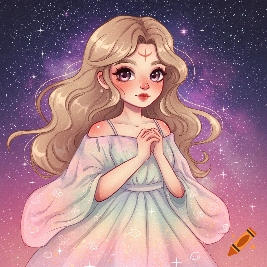 Cute anime-style illustration of a girl with blonde hair and a symbol on her forehead, wearing a shimmering dress against a starry background.