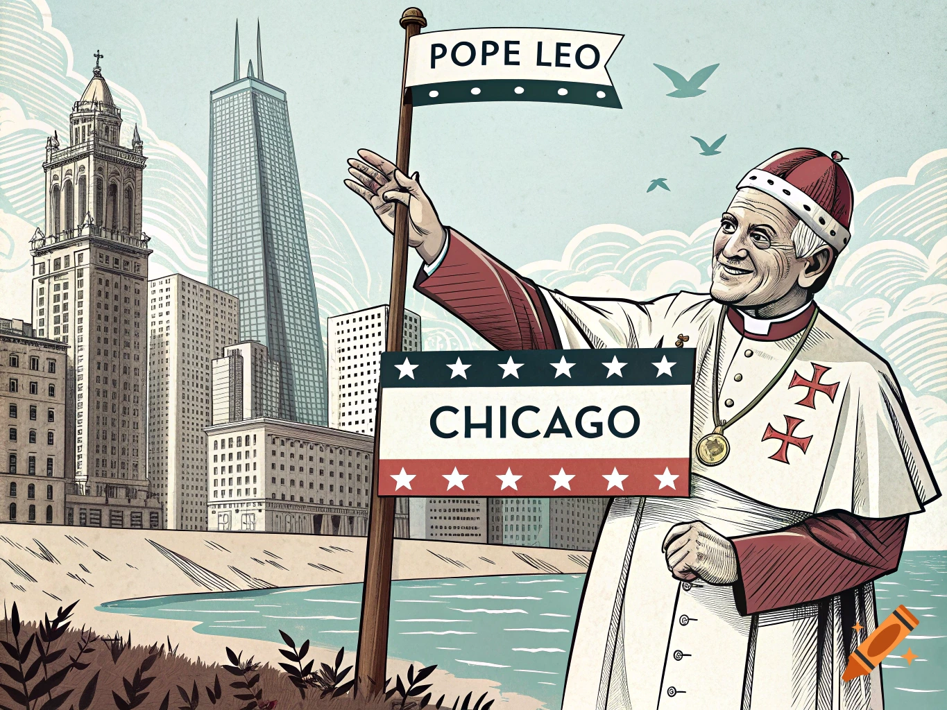 A vintage illustration of Pope Leo holding flags reading "Pope Leo" and "Chicago" in front of the Chicago skyline.