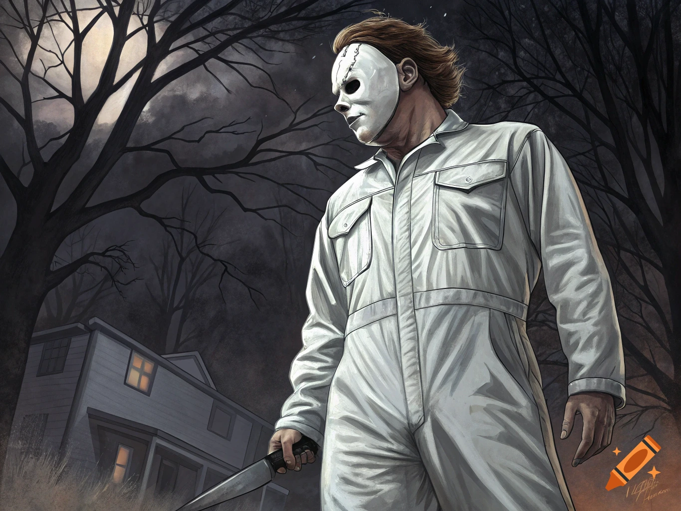 Illustration of Michael Myers holding a knife outside a house at night.