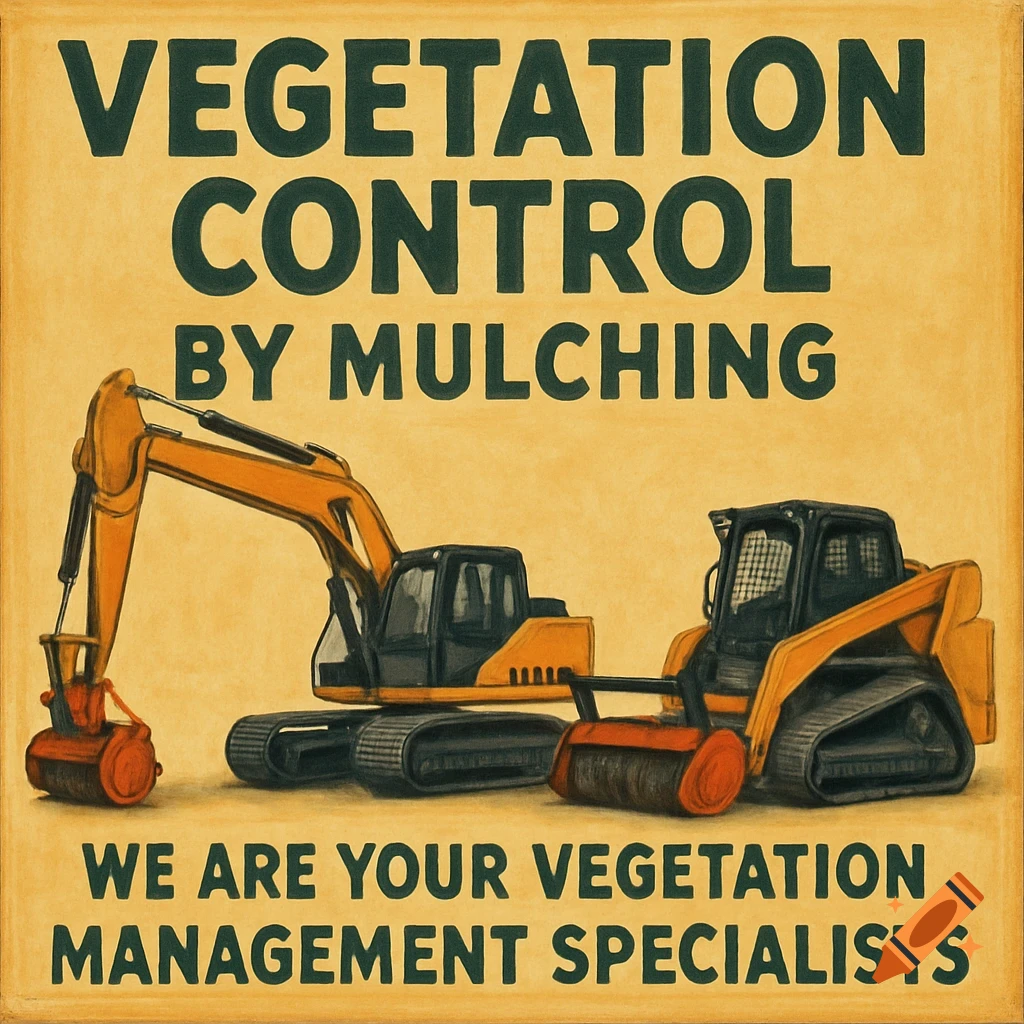 A sign advertising vegetation control services with an excavator and a skid steer.