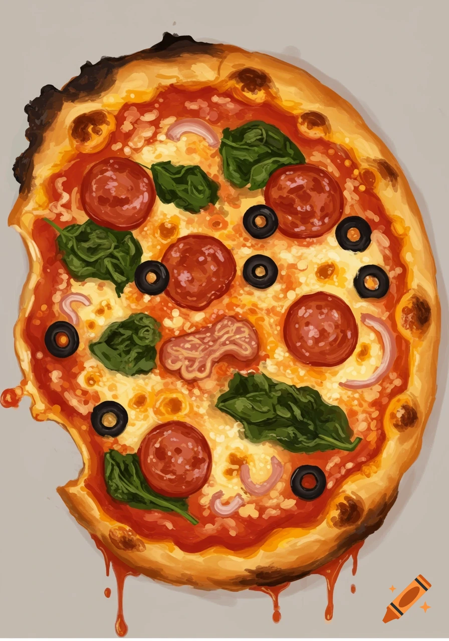 Close-up illustration of a deformed pizza with various toppings and sauce dripping.