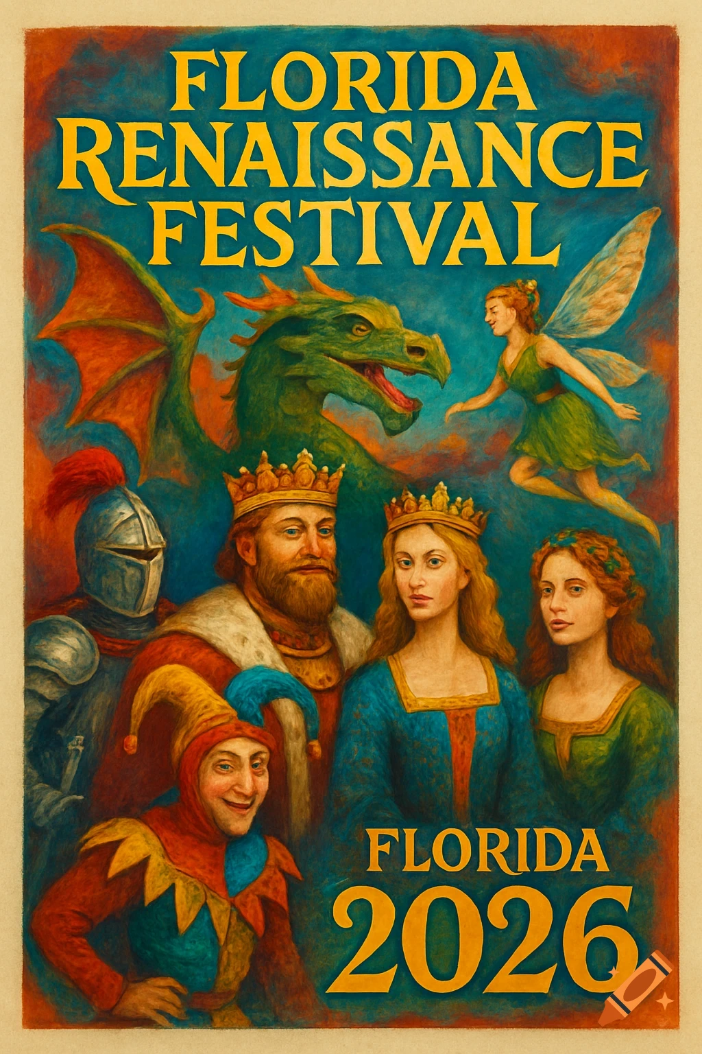 Painted poster for Florida Renaissance Festival with dragon, fairy, king, queen, knight, jester, and maiden.