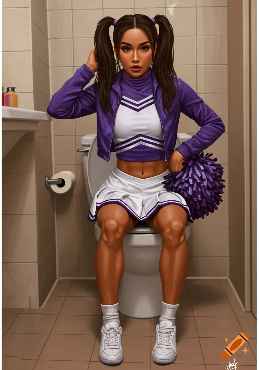 Digital illustration of a cheerleader with pigtails sitting on a toilet in a bathroom.
