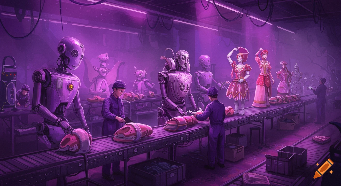 Robots and people on a factory production line assembling figures in a purple-lit industrial setting.