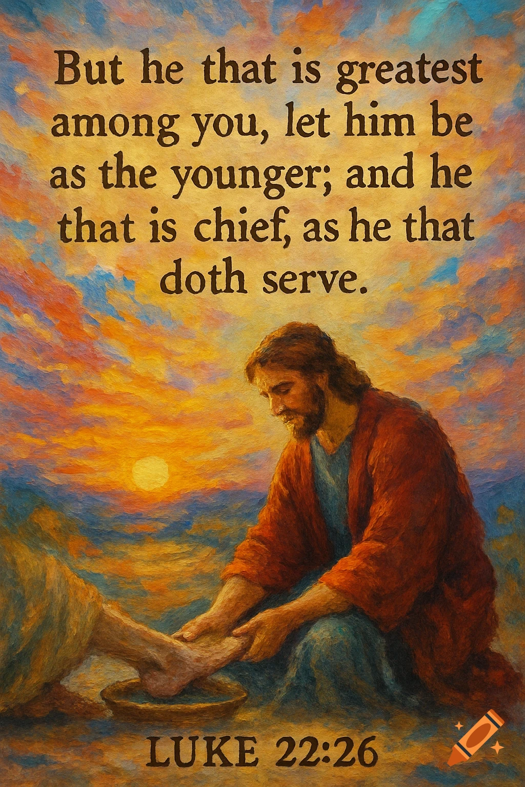 Impressionist painting of Jesus washing a disciple's foot at sunset with the text of Luke 22:26 above.