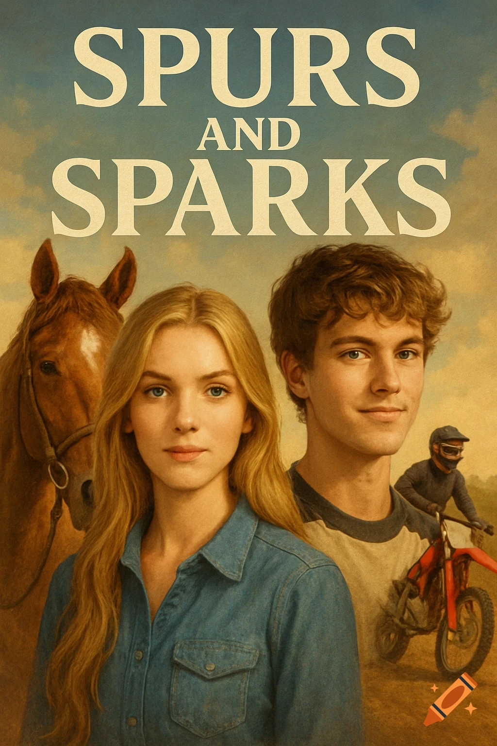 Book cover with a blonde woman, brown-haired man, horse, and dirt bike rider. Title reads SPURS AND SPARKS.