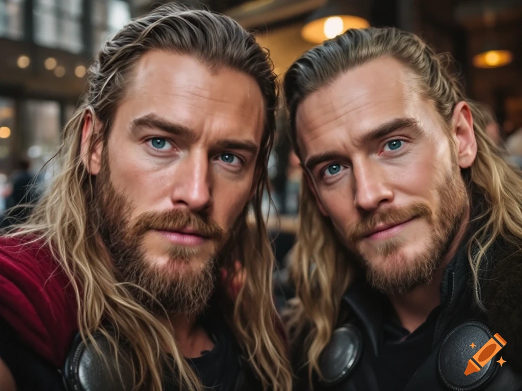 Close-up photorealistic selfie of two men resembling Thor and Loki on set.