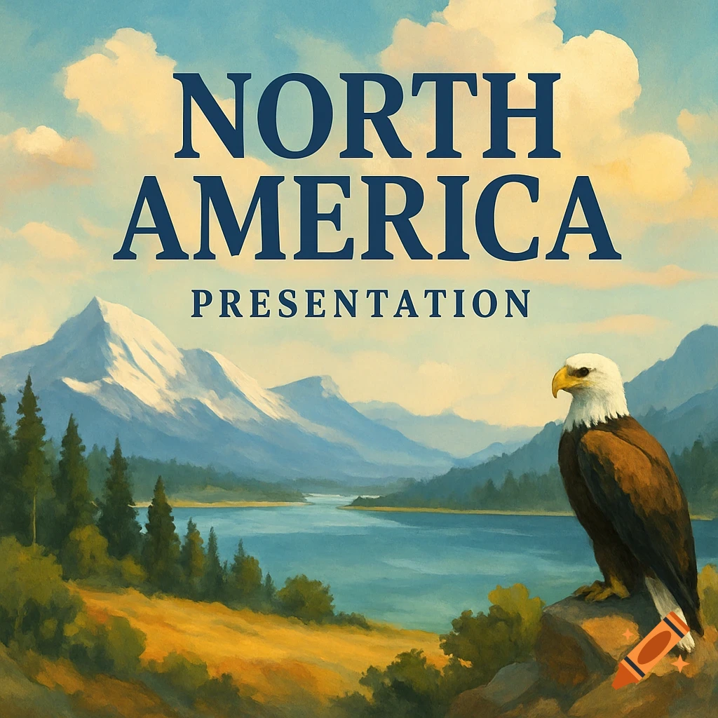Illustrated landscape with mountains, lake, eagle, and text "NORTH AMERICA PRESENTATION".