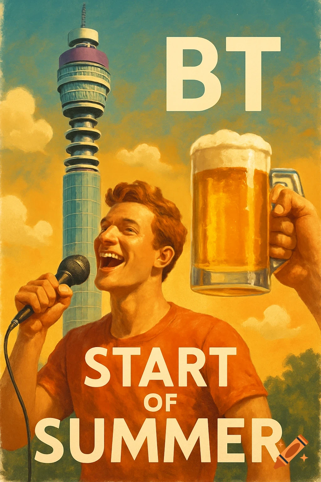Poster illustration of a man singing into a microphone with the BT Tower and a mug of beer under a bright sky. Text reads BT Start of Summer.