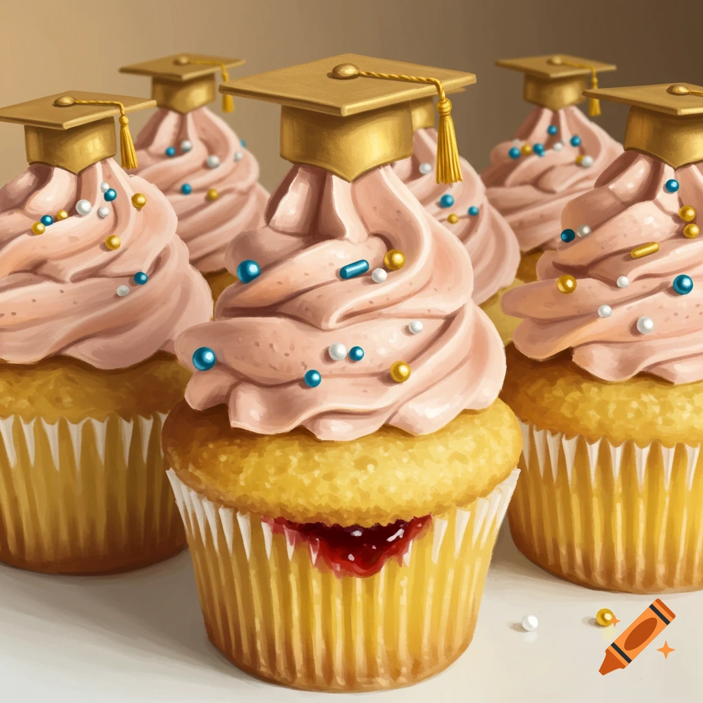 Close-up of several cupcakes with pink swirl frosting, blue, white, and gold sprinkles, and gold graduation caps.