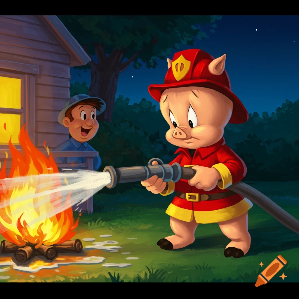 Cartoon illustration of Porky Pig as a fireman putting out a small fire with a hose, watched by a man.