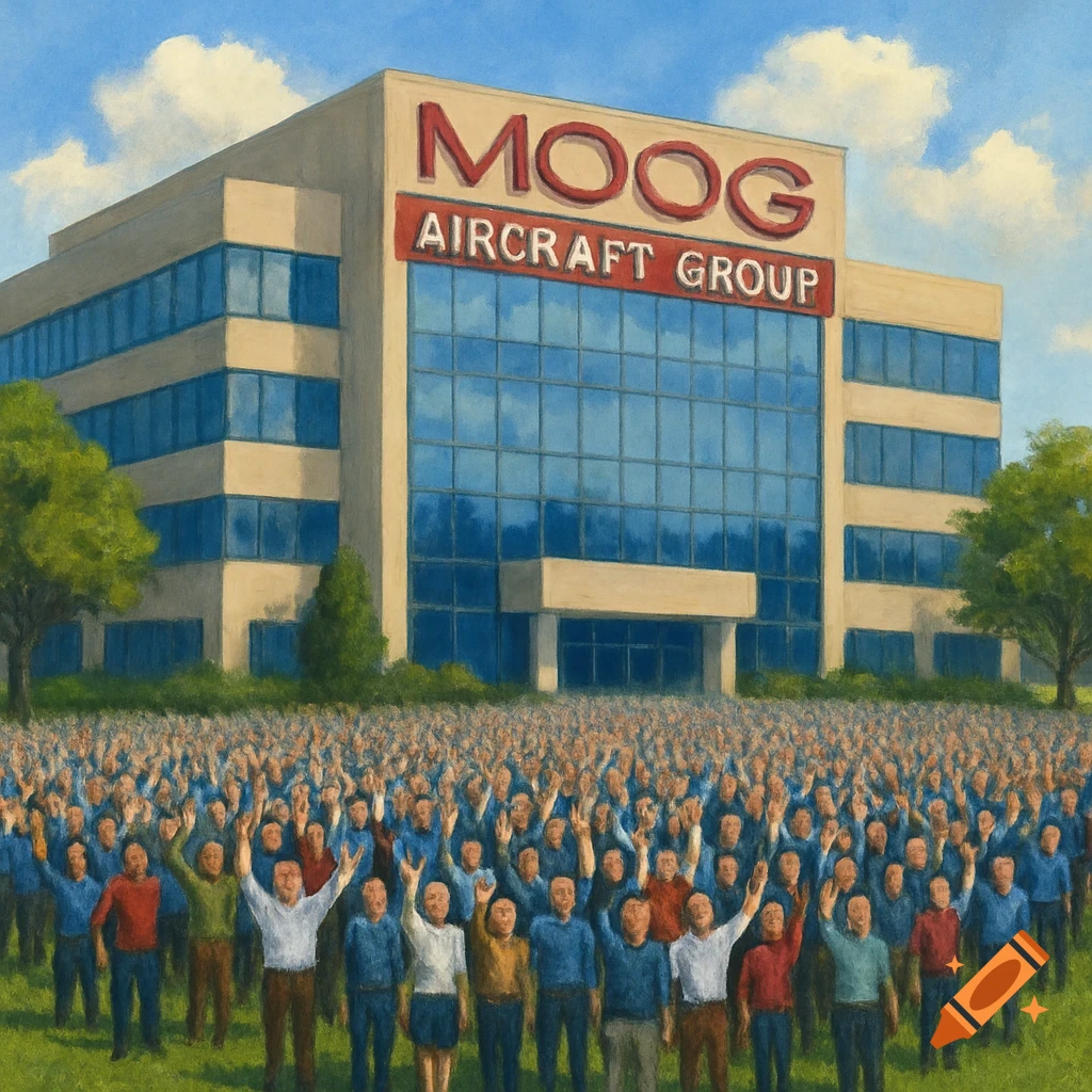 Painting of a corporate building with a crowd raising hands, 'MOOG AIRCRAFT GROUP' sign visible.