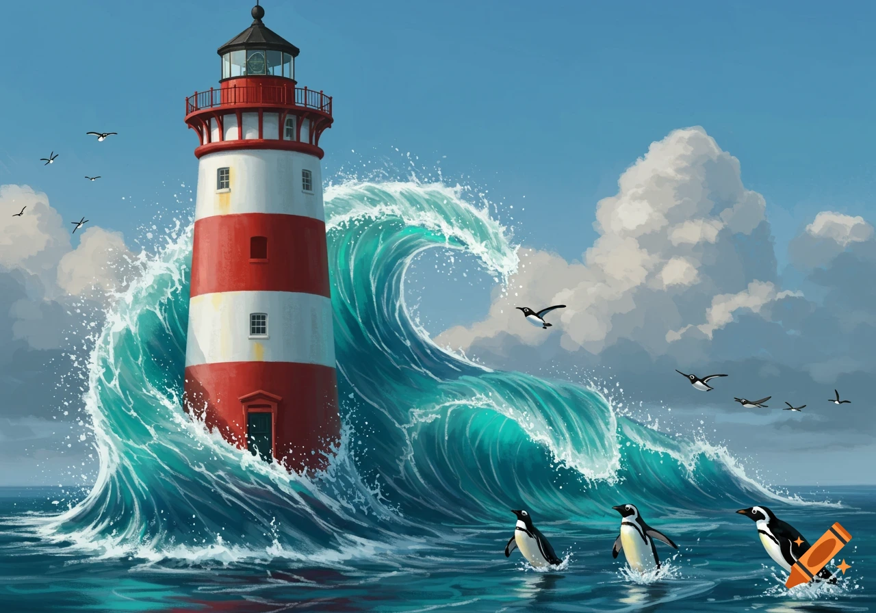 Illustration of a red and white lighthouse surrounded by a large ocean wave, with penguins swimming and birds flying nearby.