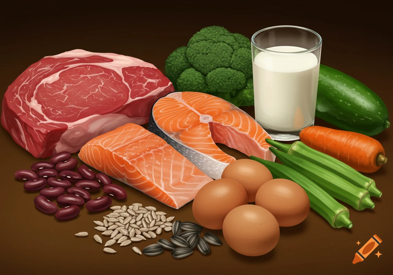 Illustration of meat, fish, beans, seeds, eggs, milk, broccoli, cucumber, carrot, and okra.