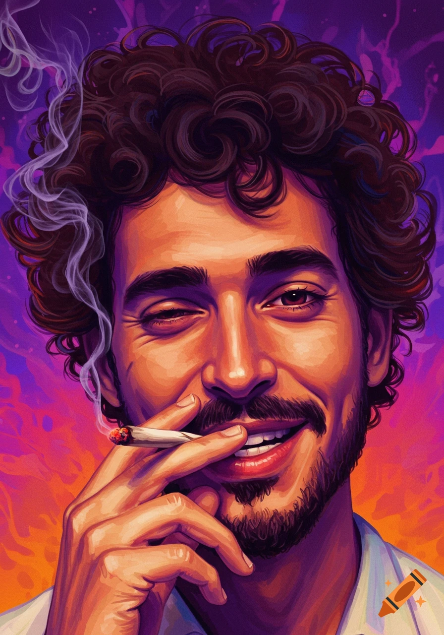 Illustrated portrait of a man with curly hair and a mustache smoking a cigarette, winking, against a purple and orange background.