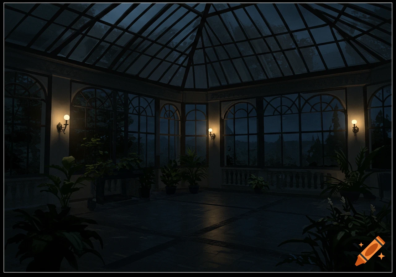 Dark interior of a conservatory at night with dim lighting and plants.