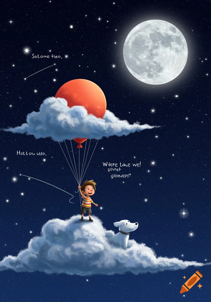 Cartoon boy and dog stand on clouds in space under a full moon, holding a balloon, with text in the sky.