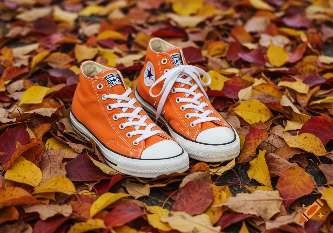 Pair of orange Converse high-top sneakers sitting on a pile of red, orange, and yellow fall leaves.