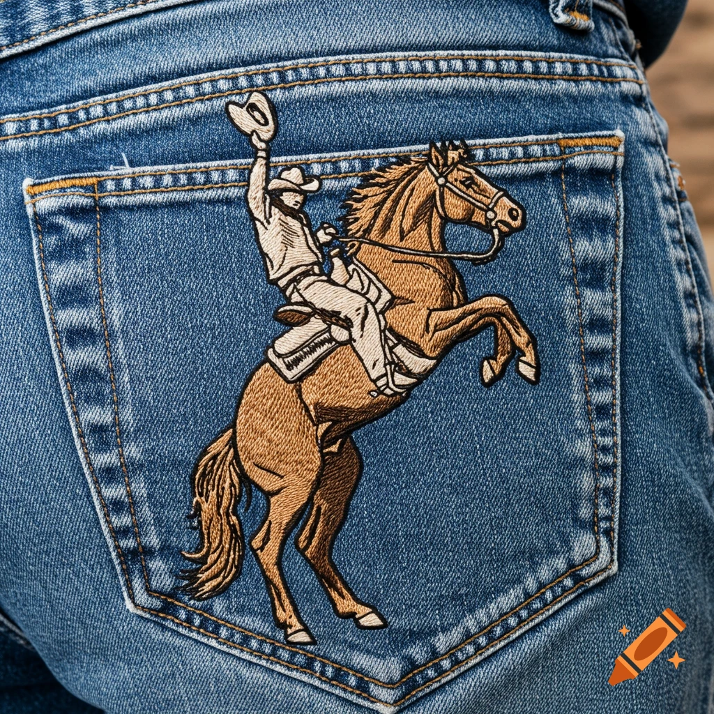 Embroidery of a cowboy on a bucking horse on the back pocket of blue jeans