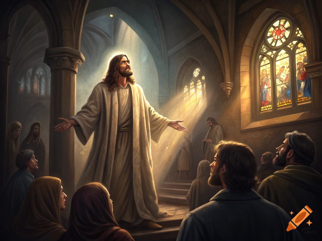 Jesus stands in a church with sunlight streaming in, addressing a crowd in a painterly style.