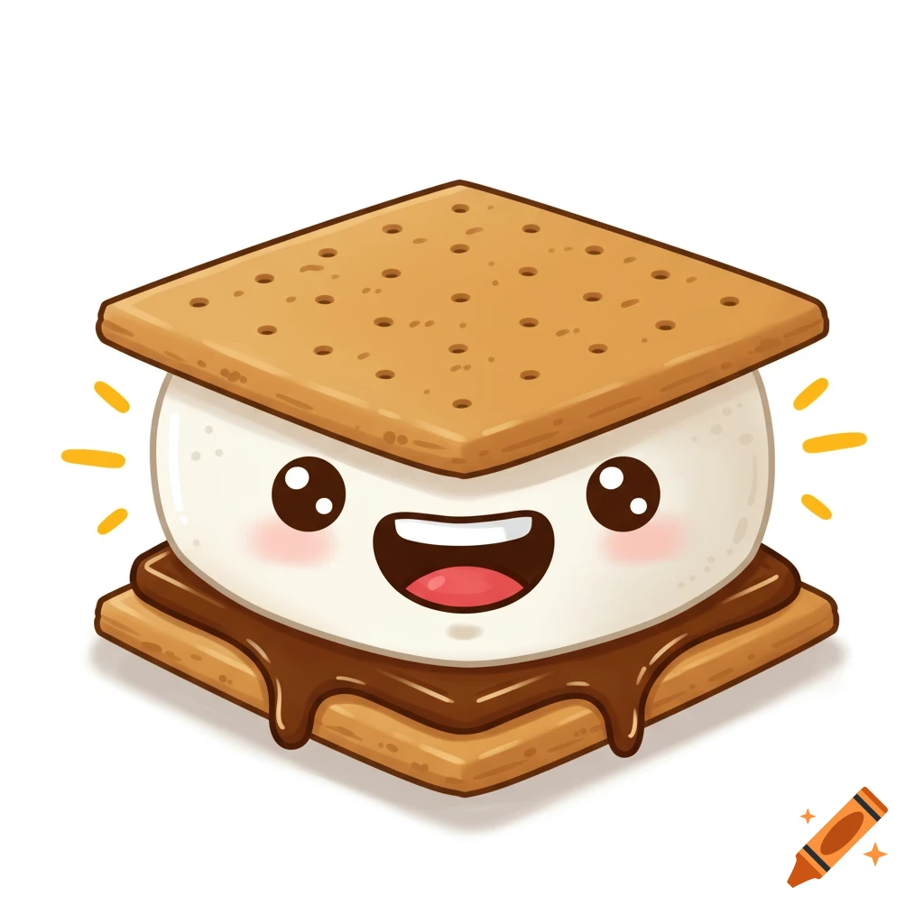 Cute cartoon s'more with a smiling face in a clipart style.