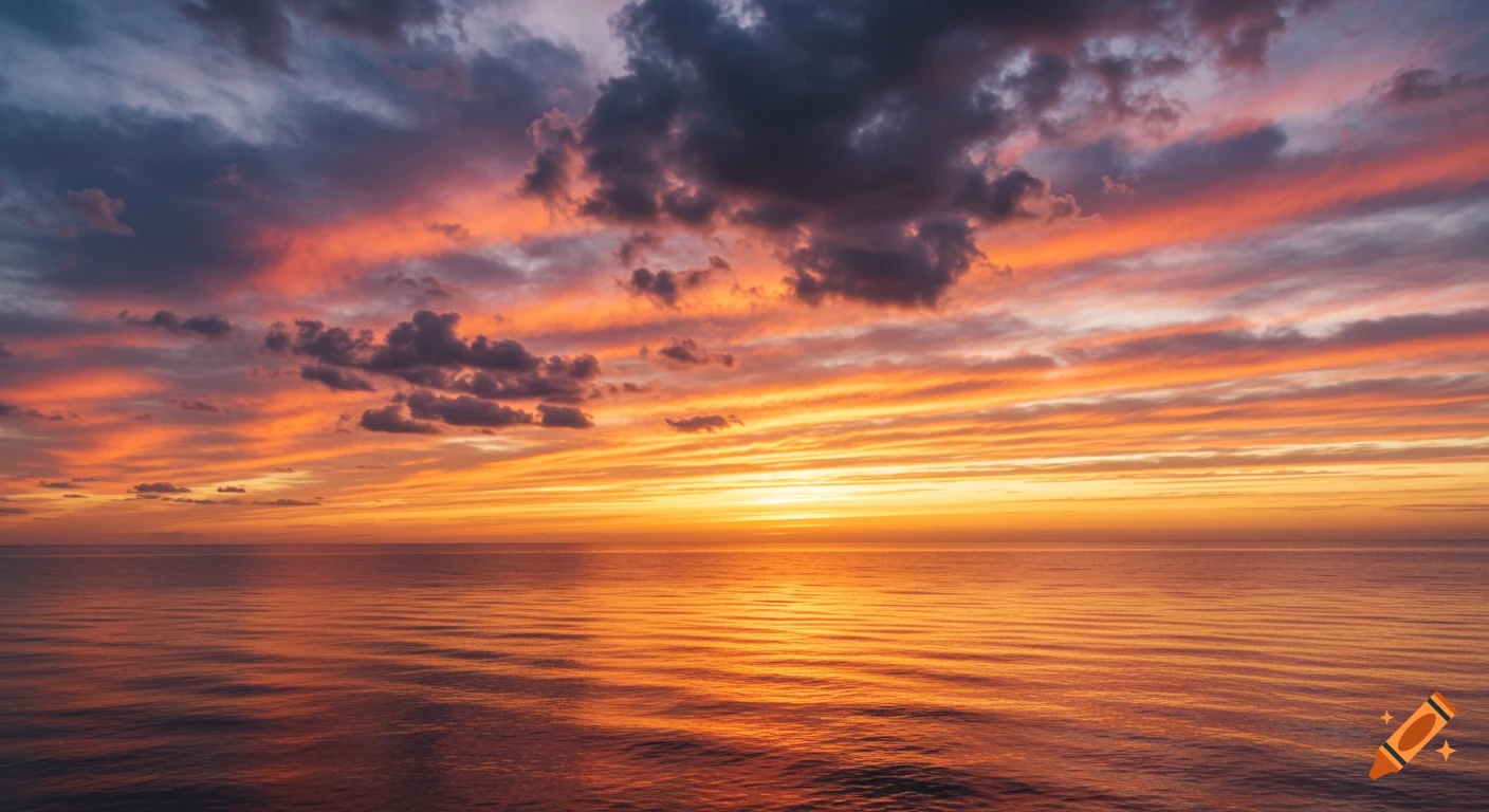 Dramatic sunset over the ocean with orange and purple clouds. on Craiyon