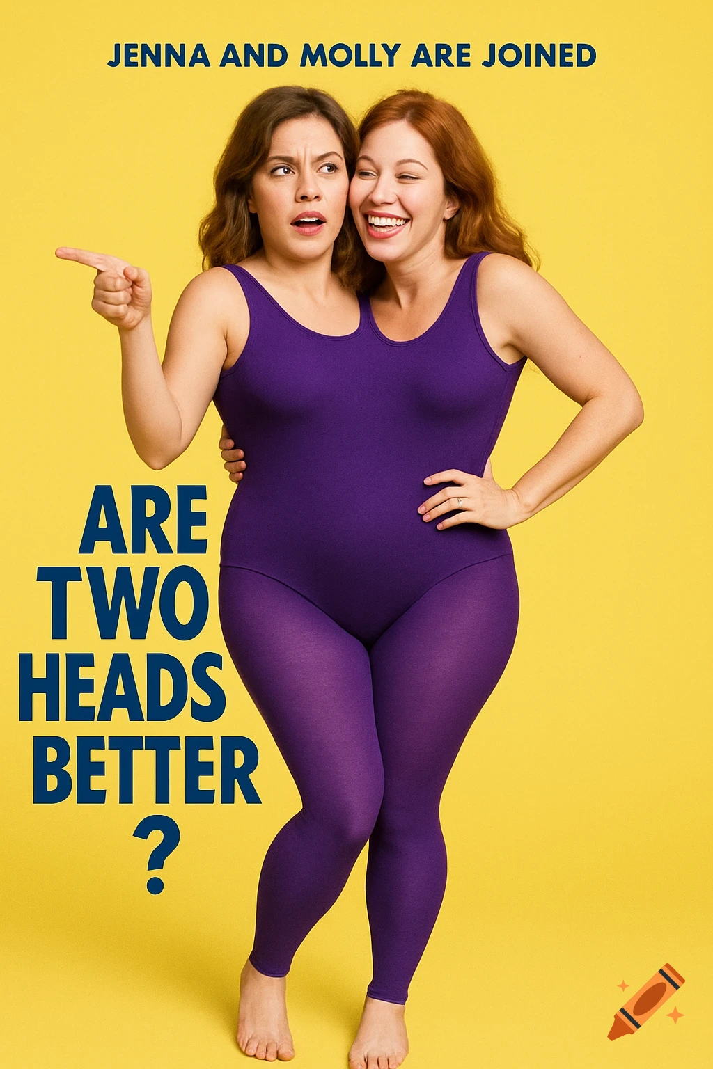 Movie poster shows two women fused into one body in a purple leotard on yellow background, with text.