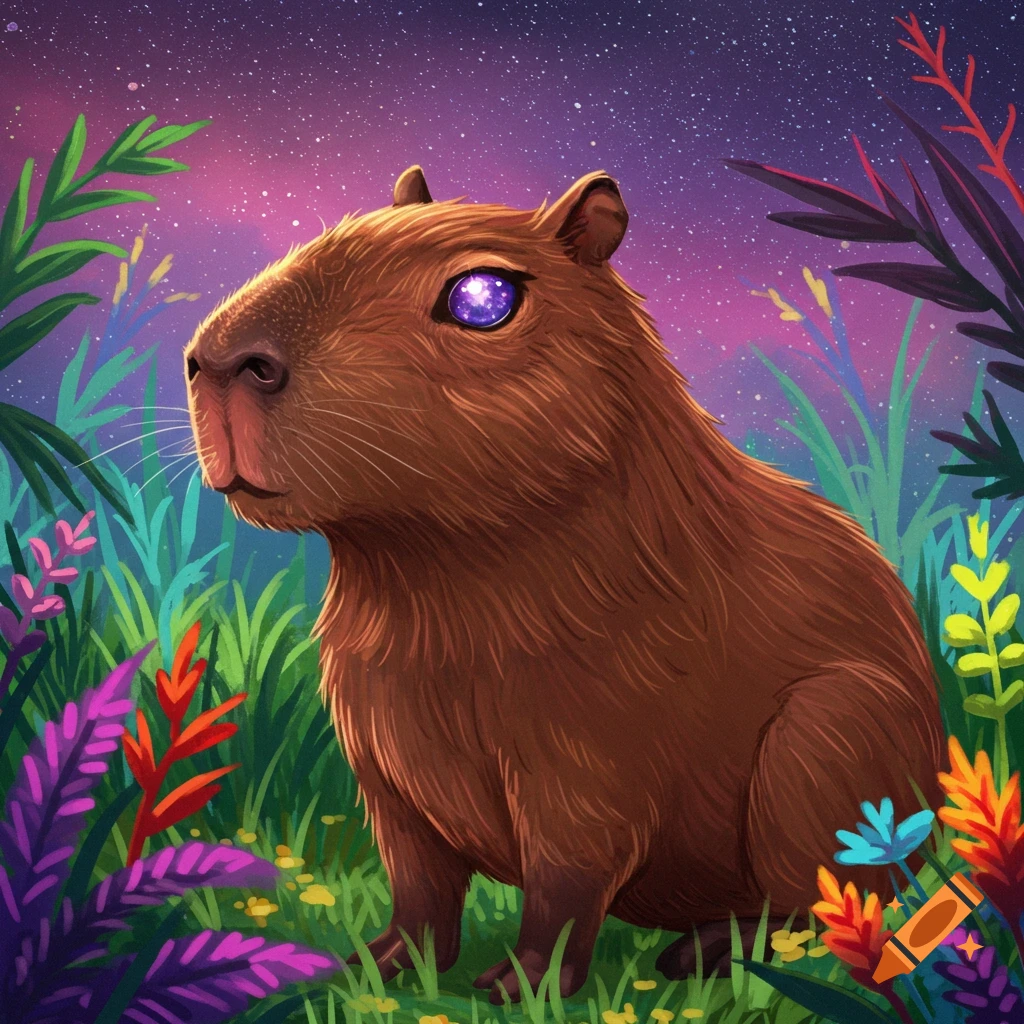Digital painting of a capybara with a galaxy in its eye, sitting in vibrant foliage under a starry sky.