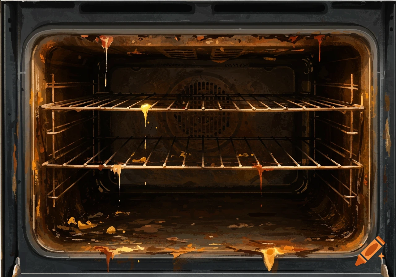 A close-up view inside a very dirty oven with racks and dripping grease.