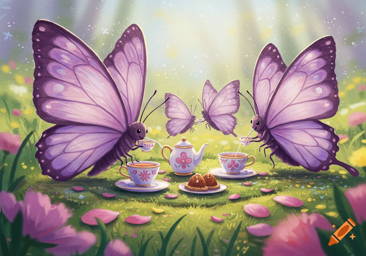 Cartoon purple butterflies have a tea party with a teapot and cups in a sunny, grassy field.