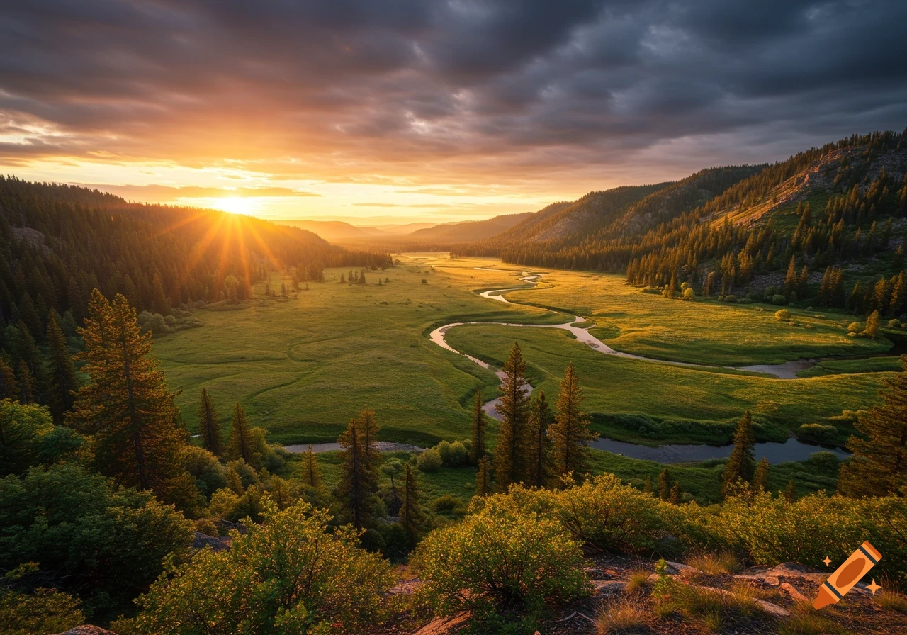 A winding river flows through a green valley surrounded by tree-covered mountains under a dramatic sunset sky.
