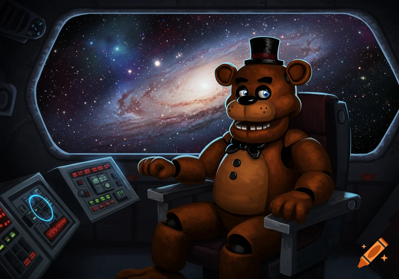 Freddy Fazbear sits in a spaceship cockpit looking out at a galaxy.