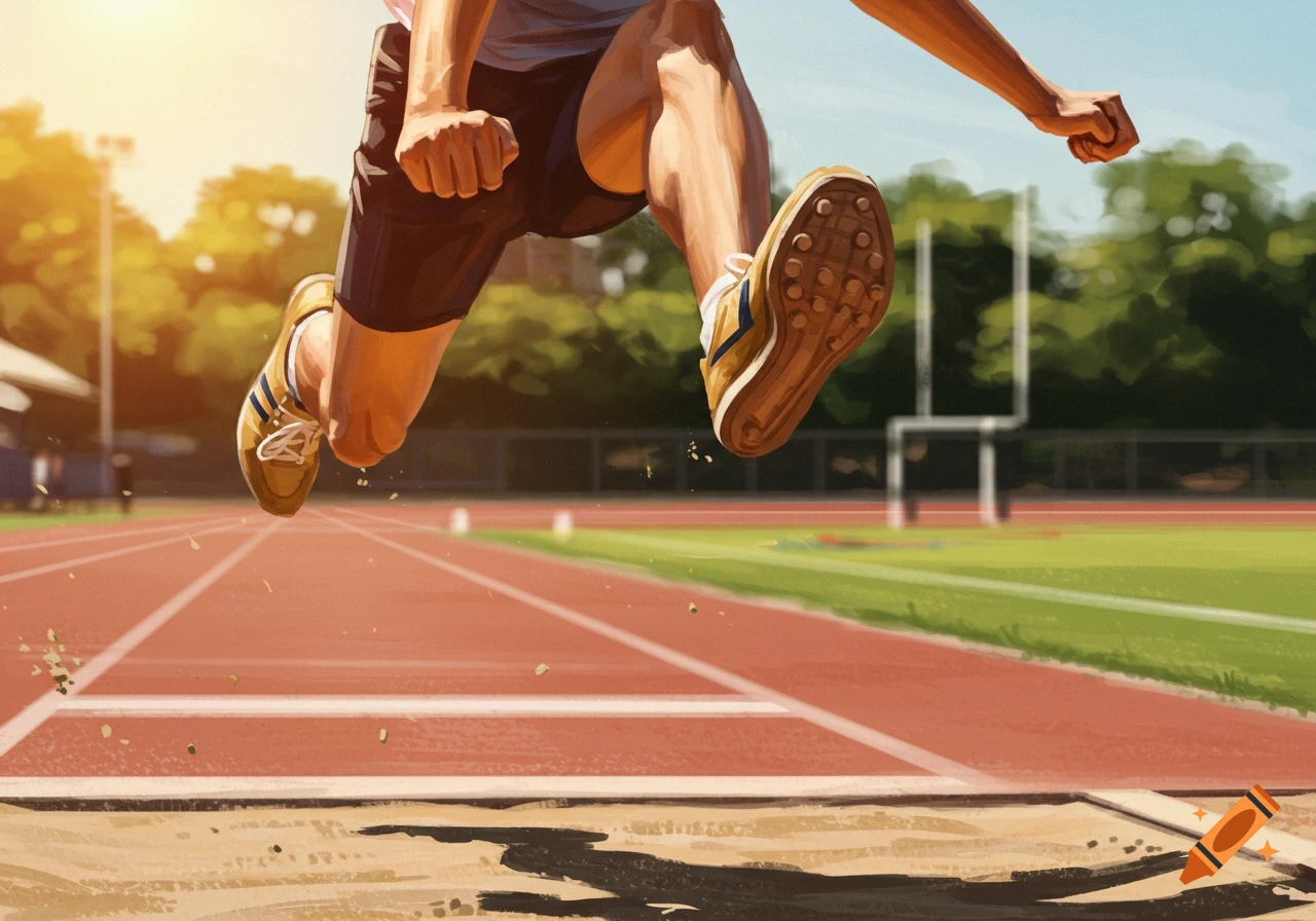 A person mid-air during a long jump on a track and field, illustration style.