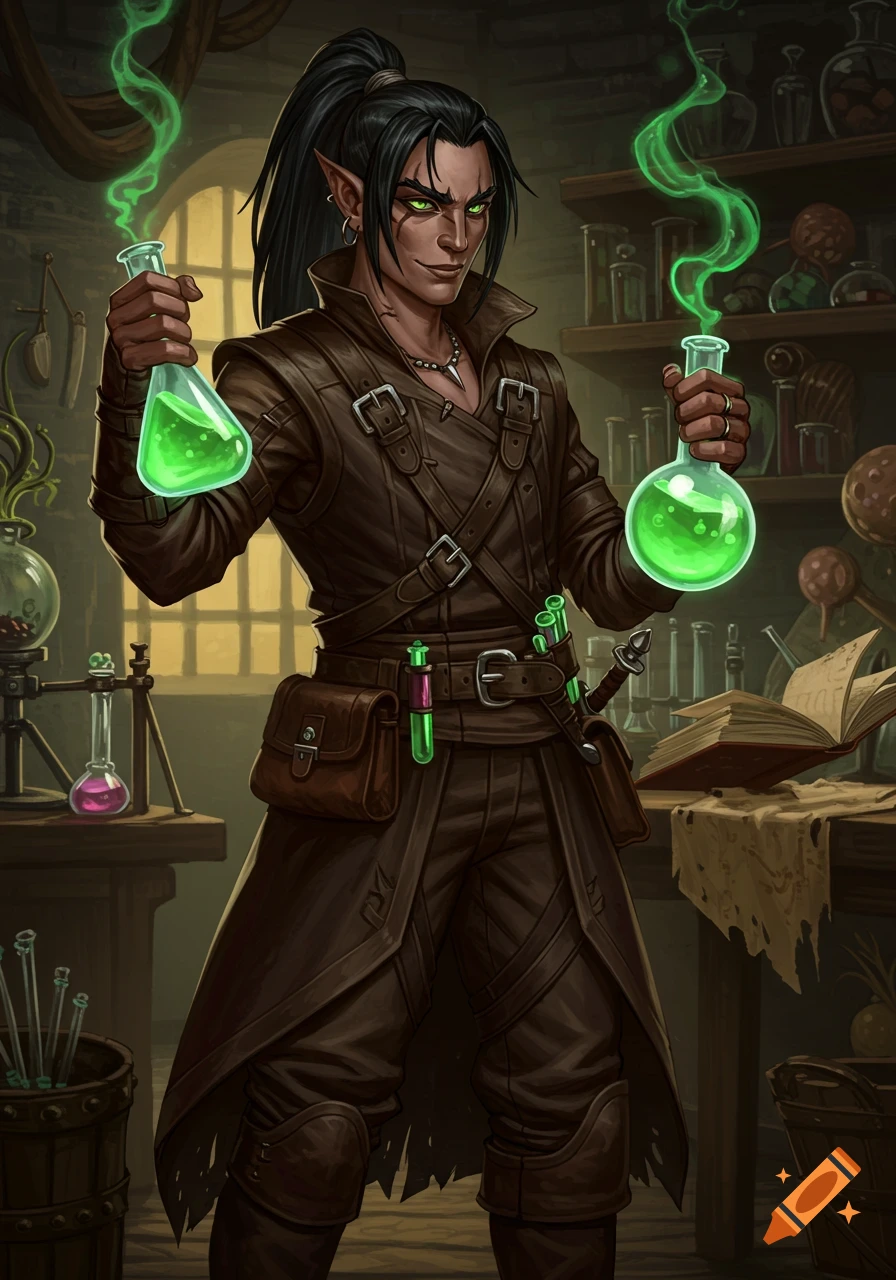Fantasy character alchemist with green eyes holding glowing flasks in a laboratory.