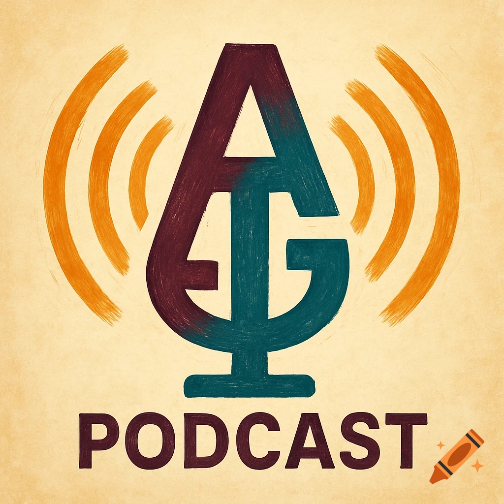 Logo combining letters A and G into a podcast symbol with text PODCAST, in a colored pencil style