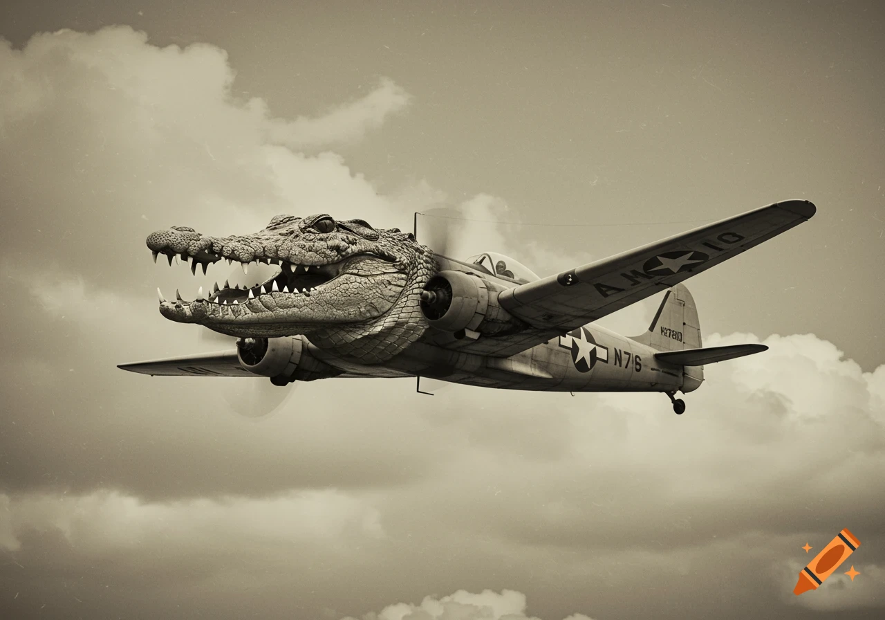 A vintage sepia photograph of an airplane with a crocodile head flying in the sky.