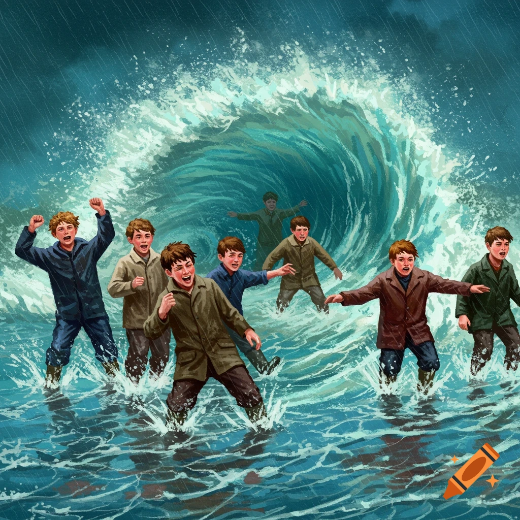 Illustration of several boys in raincoats wading through flooded water as a large wave breaks behind them.