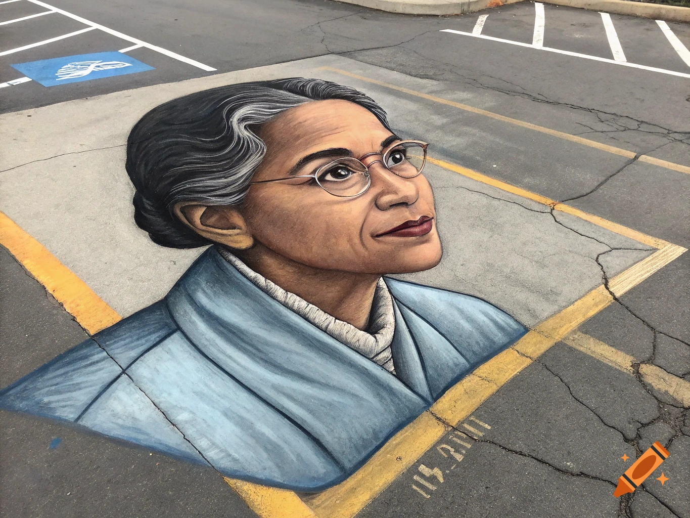 Painted portrait of Rosa Parks on asphalt in a parking spot.