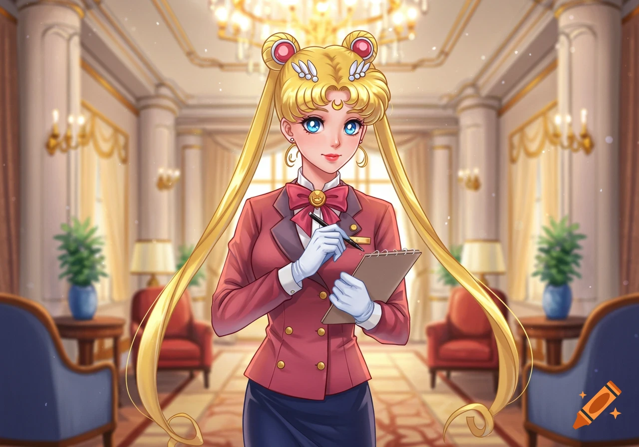 Anime style image of Sailor Moon dressed as a hotel hostess, holding a pen and clipboard in a fancy hotel lobby.