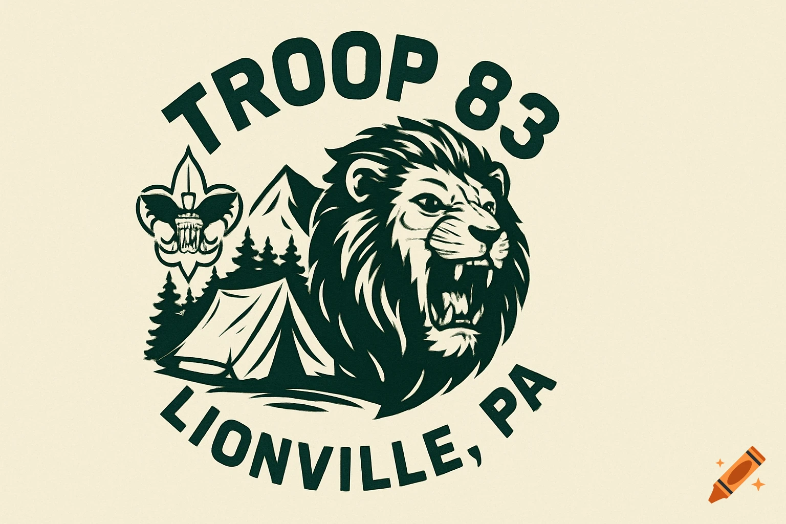 Graphic logo with roaring lion, tent, mountains, trees, BSA symbol, and text 'TROOP 83 LIONVILLE, PA'
