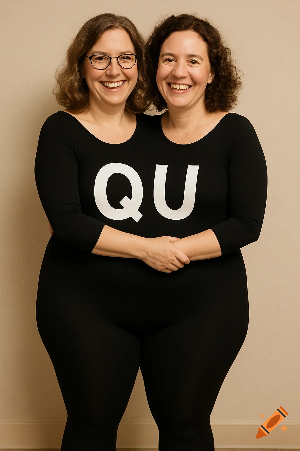 Two women in a black bodysuit creating a two-headed illusion.