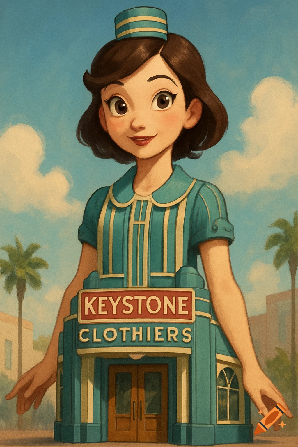 Cartoon girl dressed as the Keystone Clothiers building